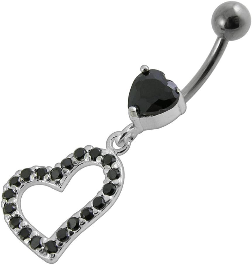 Stylish Heart with Studded Cut Out Heart Dangling Design 925 Sterling Silver with Stainless Steel Belly Ring - Belly Button jewelry - Navel jewelry