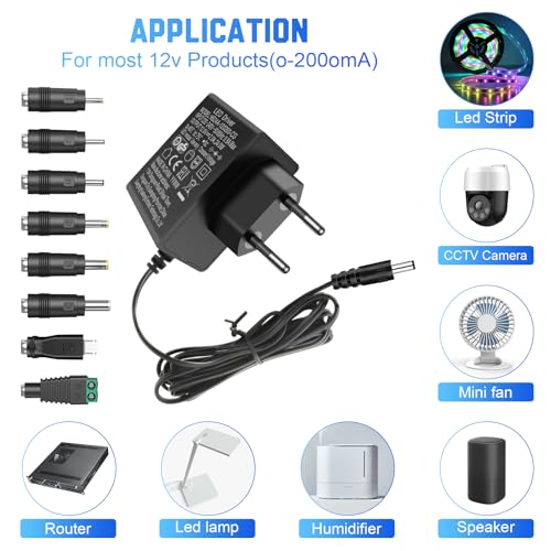 Adapter AC 12 V 2 A, zasilacz sieciowy 12 V, zasilanie do taśmy LED, elektroniki, taśmy LED, oświetlenie kamery CCTV, routera, monitora LCD, zewnętrzny dysk twardy, z 8 adapterami wtykowymi DC