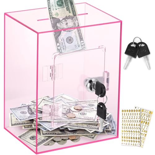 X-Large Piggy Bank for Adults Kids, Vcertcpl Acrylic Clear Piggy Bank with Key Money Saving Box for Cash Saving, Openable Adults Bank for Real Money Bank Coin Bank Change Jar (Pink)
