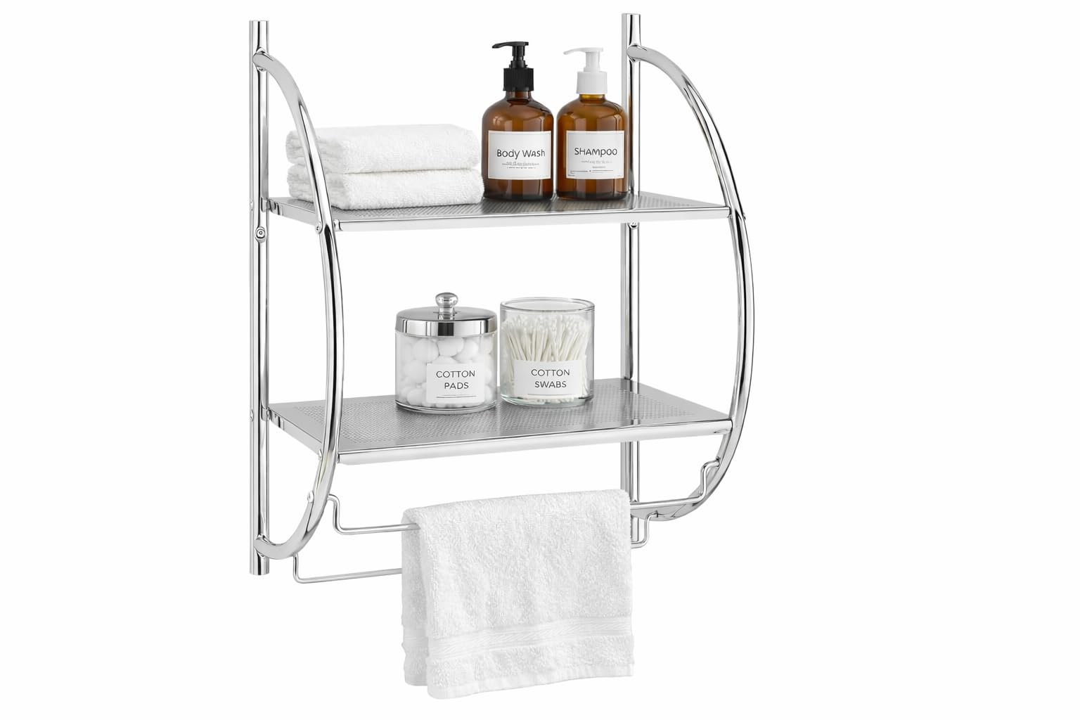 2 Tier Chrome Wall Mounted Bathroom Shelf with Double Towel Holder Rail, Modern Curved Storage Rack, W44 x D25 x H54.5cm