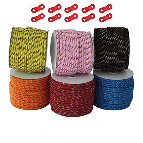 HONSAN テントロープ パラコード 5mm 耐荷重250kg 反射材入り タープロープ ガイロープ 反射 ガイライン 自在金具付き 50m ボビン巻 キャンプ ロープ 耐久性 (イエロー)