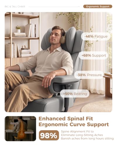 Image of Big and Tall Office Chair, Computer Desk Chair with FootRest, Grey | High Back Leather Gaming Chair with Lumbar Support, Heavy Duty Ergonomic Executive Office Chair for Home Office Gaming