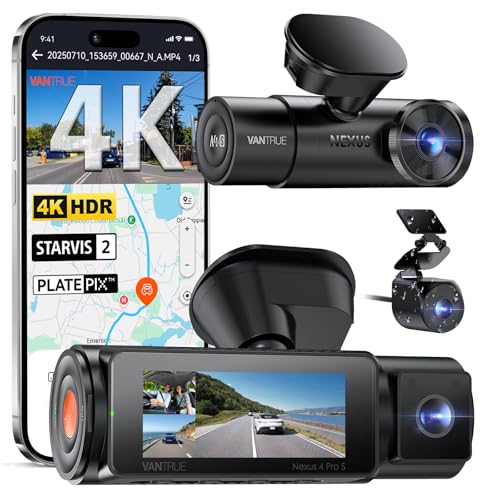 VANTRUE N4 Pro S 3 Kanal 4K+1080P+1440P STARVIS 2 Dashcam Auto, HDR 5G WiFi PlatePix™ Dash Cam, wasserdichte Rückfahrkamera, Puffer Parkmodus, IR Nachtsicht, LTE Optional, Sprachsteuerung, M