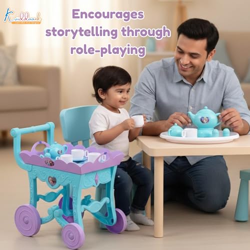 Image of Frozen Tea Trolley Set - 32 Pcs Elsa & Anna Musical Tea Party Playset with Electronic Kettle, Lights & Sound - Pretend Play Kitchen Accessories, Birthday Gift for Kids 3+ Years-Turkish Blue