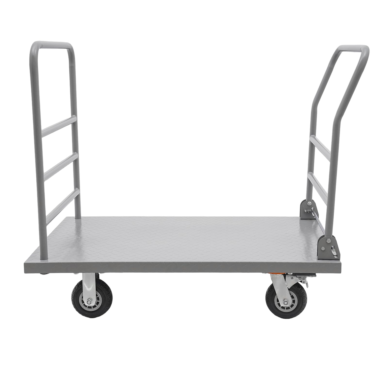 Plattformwagen bis 907kg,Transportwagen mit klappbar Griff abnehmbarer Schutzbügel,106.68x63.5cm Antirutsch-Ladefläche & 4xø15.62cm Gummiräder mit 2 Bremsen,Plattformwagen für Baustelle Lager Logistik