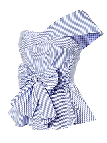 Romwe Women's Summer Slim Fit Striped Foldover One Shoulder Bow Tie Front Cap Sleeve Peplum Ruffle Top Shirt Blouse Petite Blue L=Us 4 #TOP2