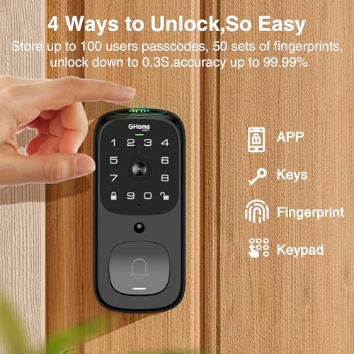 GHome Smart 3 in 1 Door Lock with Fingerprint WiFi Keyless Entry Smart Deadbolt, 2K HD Camera, 2.4GHz, App Remote Control, Smart Door Knob with Doorbell