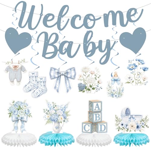 Teyva Daily 11 Pcs Blue Baby Shower Decorations with Welcome Baby Banner 6 Spiral Hanging 4 Swirls Honeycomb Bunting Cute Floral Photogenic Backdrop for Birthday Gender Reveal Themed Party Supplies
