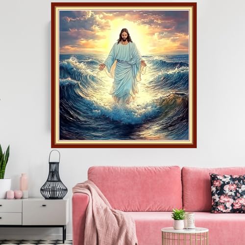 Image of Redxing Stamped Cross Stitch Kits Embroidery kit for Beginners Adults Full Range of Embroidery Patterns Starter Kits DIY Printed Cross Stitch Kits Needlepoint Kits 11CT-Jesus at Sea 18x18 inchs