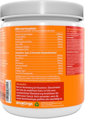 Gelenktabletten Hund 135 Kauhappen mit Grünlippmuschel Teufelskralle und Glucosamin 100 % natürlich für Gelenke Knochenschutz bei Arthrose