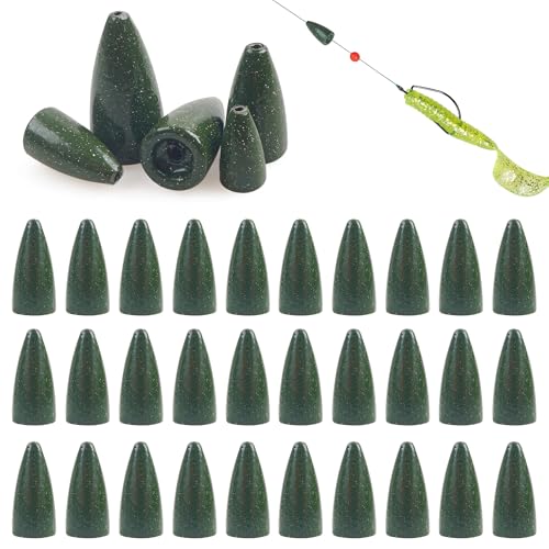 30pcs Fishing Weight Sinkers, Worm Weights Bullet Fishing Sinkers for Bass Fishing Green Painted Flipping Pitching Weights Assorted Sizes Carolina Rig Texas Rig Slip Weights(3/16oz-30pcs)