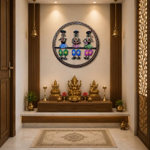 Image of Bharat Art Cap Lady in Ring Metal Wall Art | Tribal Musician Iron Wall Hanging Decor | Handmade Ethnic Round Wall Sculpture for Living Room Bedroom Office Hotel | Size 17 x 02 x 17 Inch | SKU W332 A