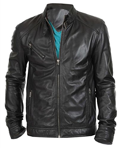 The Leather Factory Men's New Black Genuine Lambskin Leather Motorcycle Jacket L Black