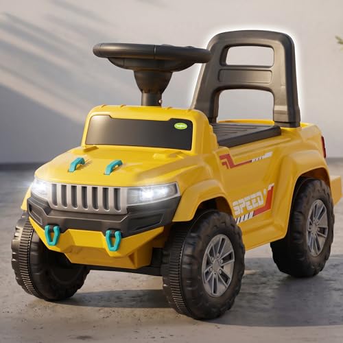 Image of Baybee Speedy Baby Ride on Car for Kids | Portable Kids Car with LED Lights, Music & Storage Basket | Push Toy Cars with High Backrest | Toddler Rideons Jeep for 1 to 3 Years Boys Girls (Yellow)