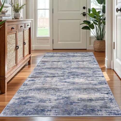 KOZYFLY 4x6 Area Rug Modern Ombre Washable Rugs for Bedroom Non-Slip Soft Striped Living Room Rugs, Print Distressed Grey-Blue Abstract Carpet for Laundry Nursery