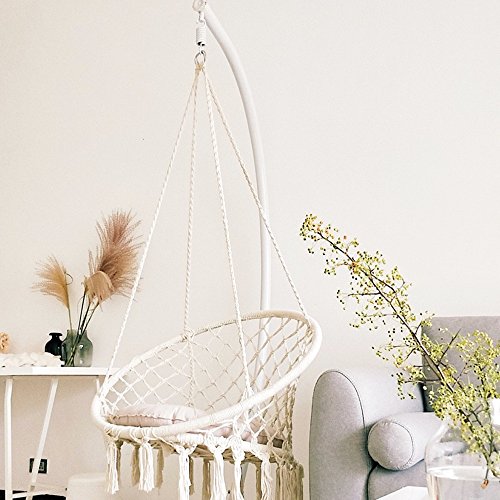 CCTRO Hammock Chair Macrame Swing,Boho Style Rattan Chair Hanging Macrame Hammock Swing Chairs for Indoor/Outdoor Home Patio Porch Yard Garden Deck,265 Pound Capacity (C Beige)