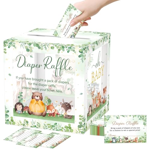 Image of 51Pcs Woodland Diaper Raffle Tickets with Box for Baby Shower Games, Oh Baby Diaper Raffle Card Box with Cards, Greenery Forest Animals Raffle Gender Reveal Raffle Party Decoration Card Box