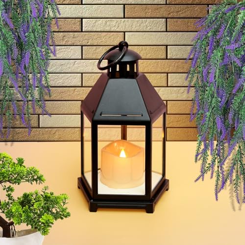 Coku LT-14 Vintage LED Lantern with Pillar Candle, Battery Operated Wall Hanging Lamp, Smokeless Flame Antique Glass Holder for Home Decor (Black, Pack 1)