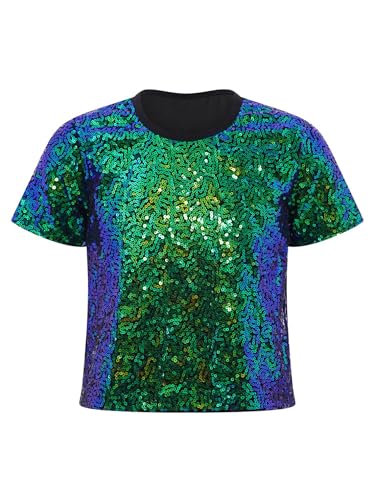 FEESHOW Kids Girls Boys Shiny Metallic Tee Shirt Jazz Hip Hop Dance Tops Short Sleeve Performance T-Shirt Party Blouses3