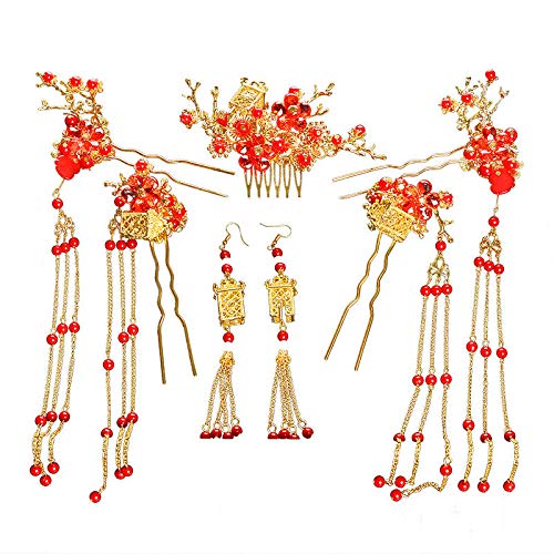 YNYA Tiara Corona Nupcial Diadema Estilo Chino Rojo Sombreros Accesorios para el Cabello Franja Phoenix Corona Horquilla Horquillas mobiliario Chino Boda Conjunto joyería de la Boda