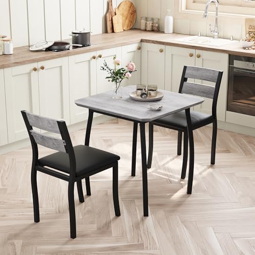 GarveeHome Dining Table Set for 2, Farmhouse 3 Piece Kitchen Table and Chair Set with Upholstered Chair, Metal Frame Dining Room Table and Chairs for Small Space, Apartment, Black+Grey