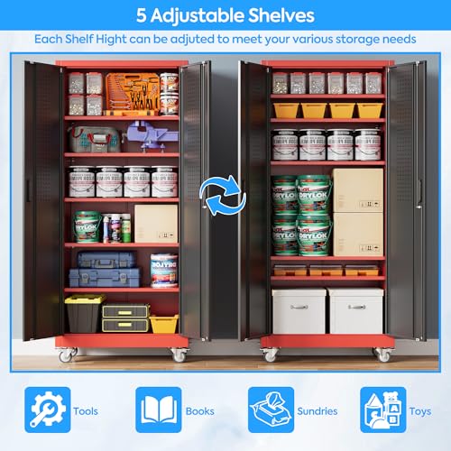 Image of Aobabo Upgrade 71H''*34''W*18''D Metal Garage Storage Cabinet with Wheels and Pegboards, 5 Adjustable Shelves Steel Storage Cabinets for Home,Warehouse,Garage,Assembly Required,Black Red
