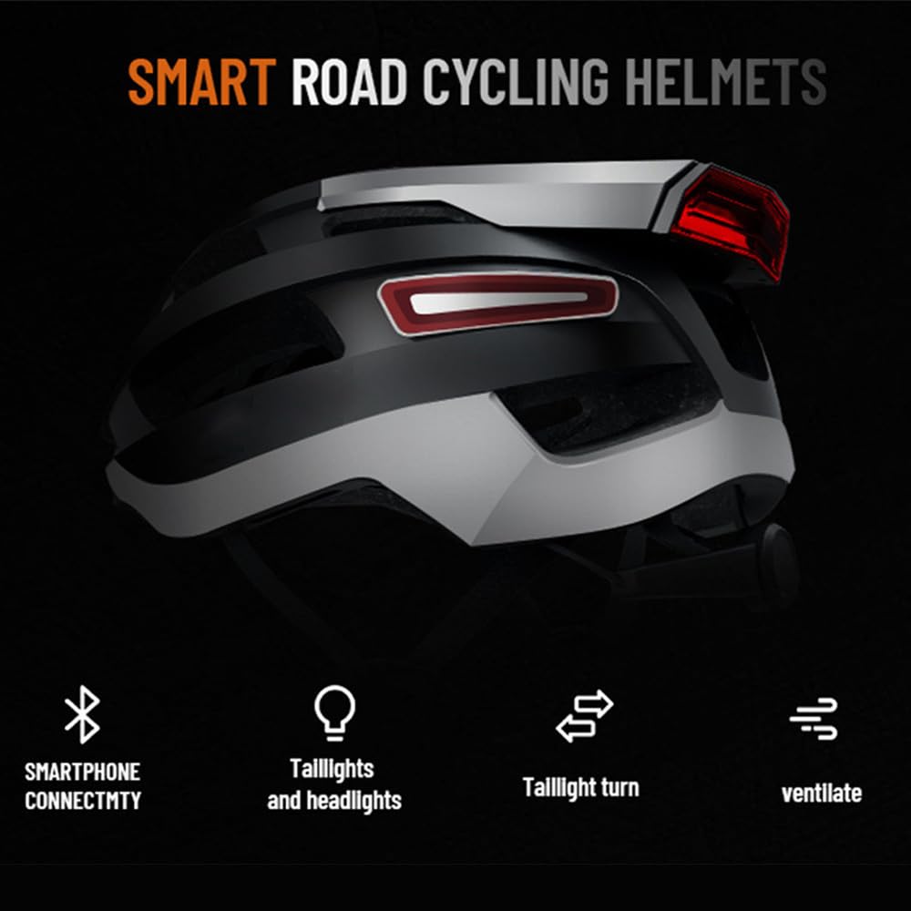 Inteligentny kask rowerowy, inteligentny kask rowerowy, kask rowerowy dla kobiet i mężczyzn, z reflektorem, światłem tylnym, alarmem awaryjnym SOS i bezprzewodowymi słuchawkami, 3,7 V, 1200