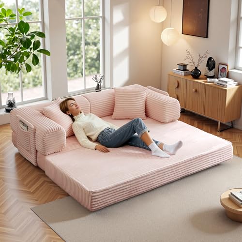 Image of Boneless Couch Futon Sofa Bed Sectional Couches for Living Room,Cloud Couch with Sleeper Sofa,Sofas for Living Room Oversized Corduroy Upholstered (Pink, 81 Inches (with Iron Frame))