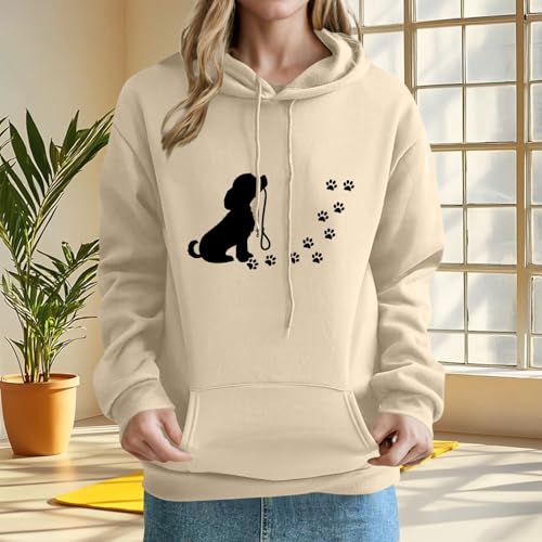 KOG Hoodie Damen Baumwolle Kapuzenpullover Hunde-Print Hooded Sweatshirt 2025 Kleidung Frau Oberteile Casual Langarmshirt Mode Warmes Große Größen Hoodies Sweatshirt mit Kapuze Khaki L