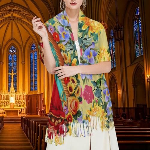 Virgen de Guadalupe Shawl Wraps for Women Catholic - Yellow Floral Scarf with Tassels - 77.6 x 28.3in3