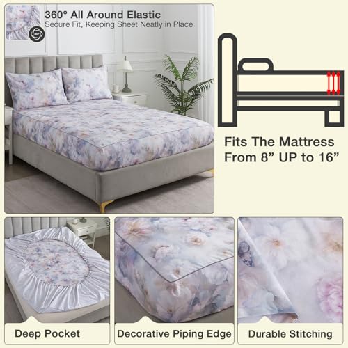 Image of Shabby Floral Chic Sheets, King Size 100% Cotton Percale Purple Flower Sheet Set, Soft Crisp Vintage Bed Sheets, Deep Pocket Fitted Sheet, Luxury Cozy House Bedding, Butterfly Print, 4Pcs
