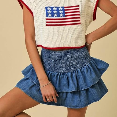 Womens Y2K Shirred Denim Mini Skirt High Rise Ruffled Tiered Layer Short Jean Skirts Smocked A Line Pleated Skirts4