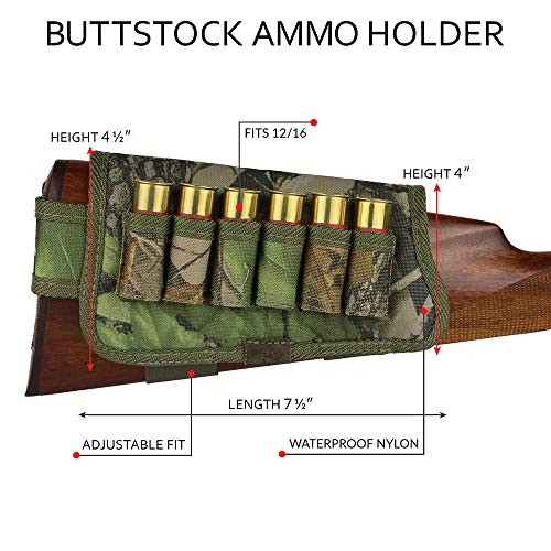 Bronzedog Nylon Shotgun Shell Holder Adjustable Buttstock Pouch Padded Rifle Cheek Rest Hunting 12 16 Ga Right Left Handed (Green Oak Camo Right) #TOP1