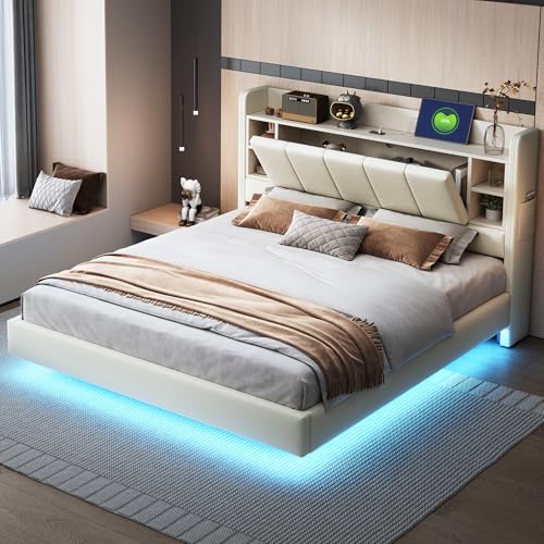KEYIDE Letto imbottito 160 x 200 cm, con illuminazione a LED e ricarica USB, letto matrimoniale con testiera e rete a doghe, letto per ragazzi, in lino, senza materasso (beige 5, 160 x 200 cm)