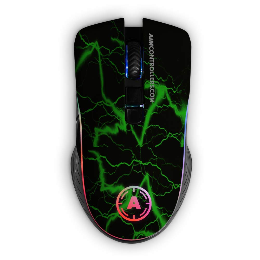 AimControllers Gaming PC Mouse Wired, 200-10000 DPI with LED RGB, 7 Programmable Buttons - Custom Ergonomic Mouse with Optic Sensor for Windows 10, USB - Storm Green