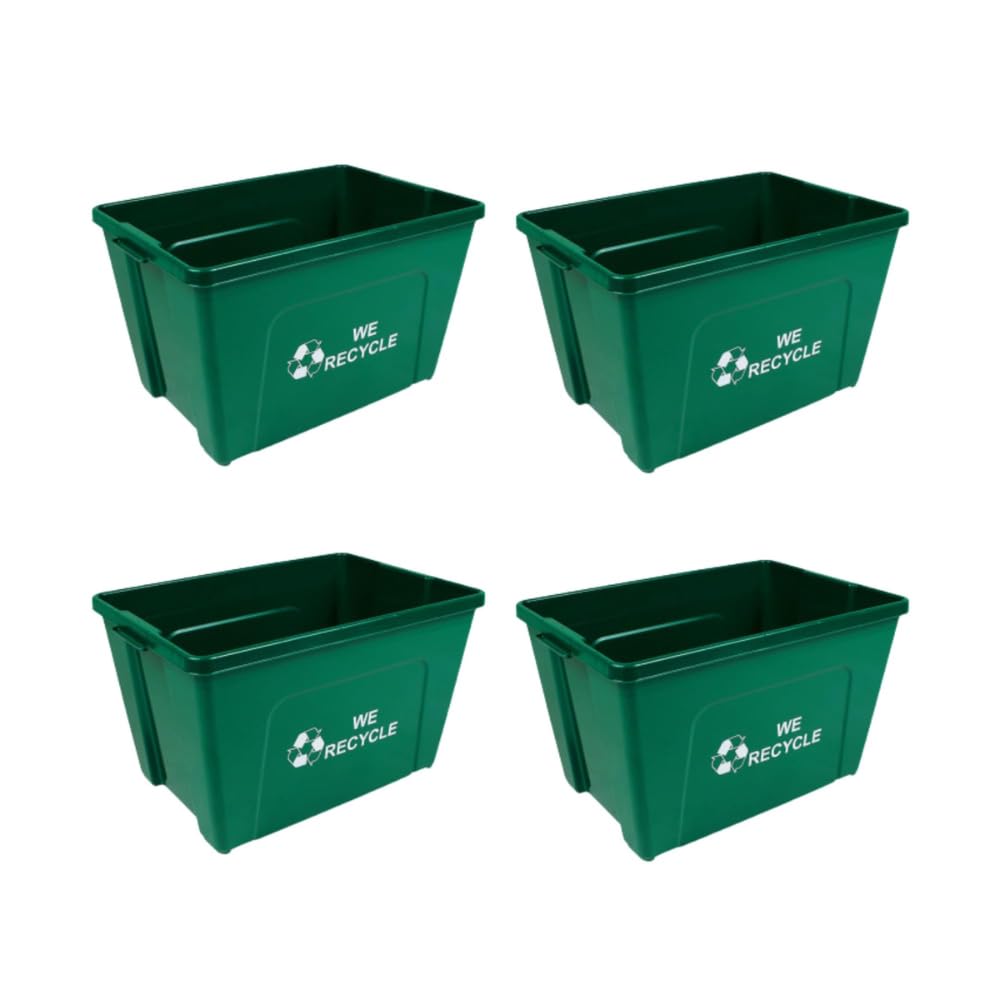 Sturdy Essentials Curbside 18 Gallon Green Recycling Bin with Carrying Handles for Homes or Businesses for Curb Recycling - Four Pack of Bins - Green