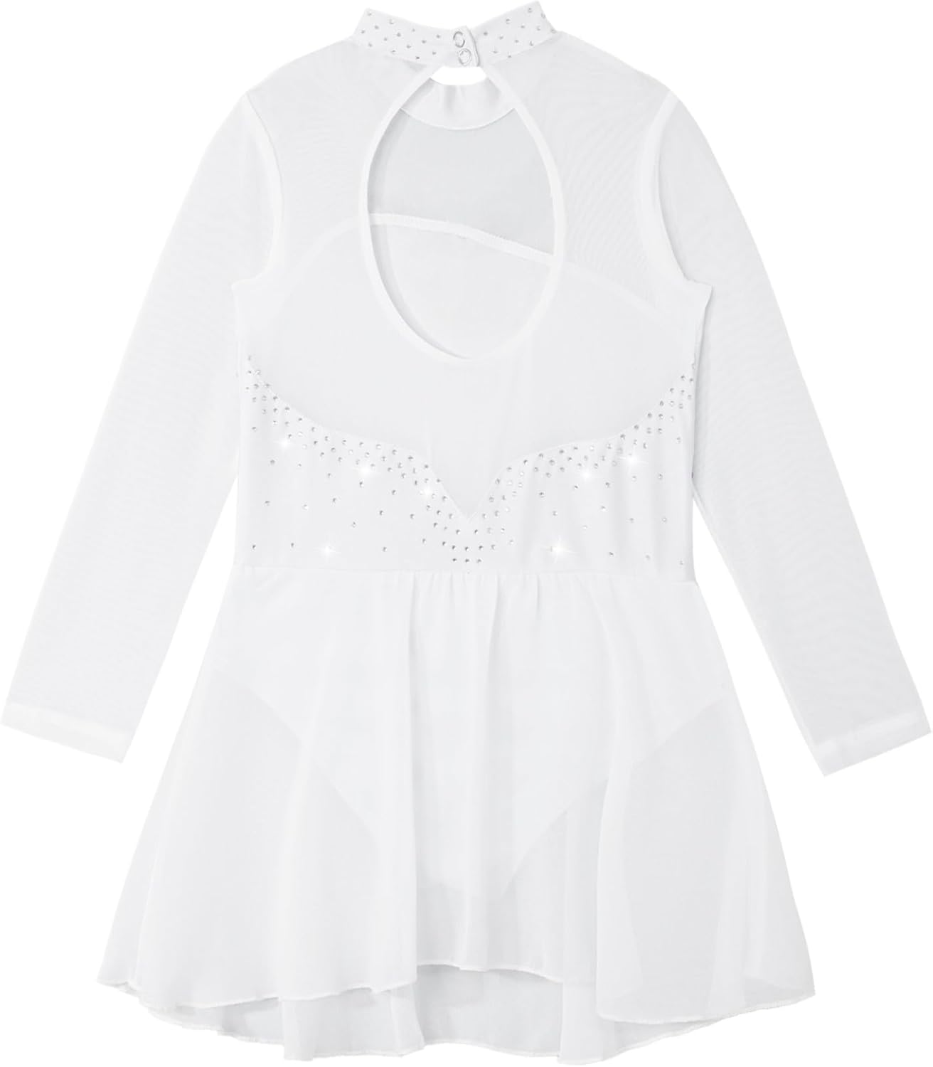 FEESHOW Youth Girls Shiny Rhinestones Mesh Long Sleeves Figure Ice Skating Ballet Dance Leotard Gymnastic Dress