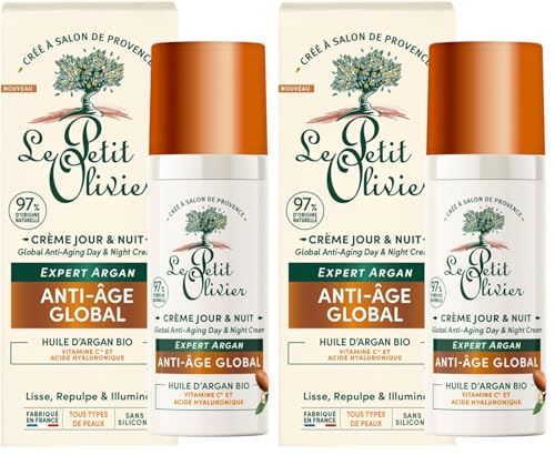 LE PETIT OLIVIER - Crème Jour & Nuit Anti-Âge - Huile d'Argan, Vitamine C & Acide Hyaluronique - Lisse Repulpe & Illumine - Tous Types De Peaux - 97% D'Origine Naturelle - Fabriqué en France - 50 ml
