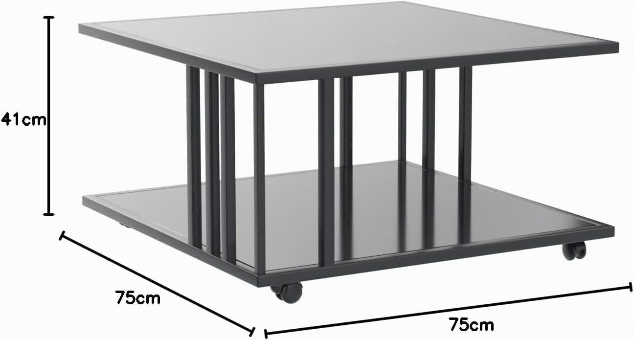 M2 Kollektion Paris 2 – Moderner Couchtisch 75x41x75 cm | Deck- und Ablageplatte aus 6 mm schwarz lackiertem Glas | Metallgestell auf Rollen