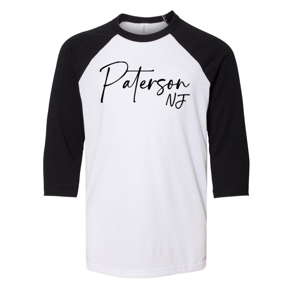 Script Paterson New Jersey Kids Three-Quarter Raglan Sleeve Baseball Shirt Youth Medium White/Black