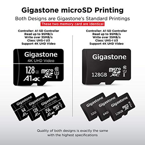 GIGASTONE Scheda di Memoria Micro SDXC da 128 GB e Adattatore SD, Set da 5, A1 U3 4K, Fino a 95 MB/s di Lettura, 40 MB/s di Scrittura per Videocamere Tavoletta Dashcam Canon Nikon DJI Drone