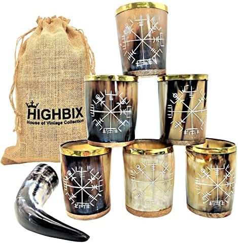HIGHBIX Royal Vikings – Juego de 6 vasos de chupito con base de madera auténtica, hecha a mano, 5 onzas de vikingos (latón real)