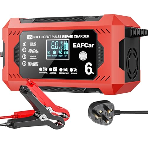 EAFCar 6Amp Car Battery Charger 12V Smart Trickle Charger and Maintainer LCD Screen Maintainer/Pulse Repair Activation Pack for Car Motorcycle Lead Acid Batteries & AGM. (6A)