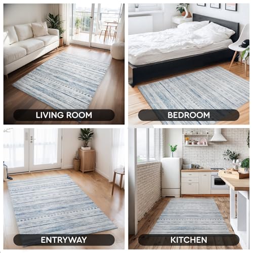 Small Area Rug-2x3 Entryway Rug Non Slip Washable Low Pile Indoor Door Mat Neutral Distressed Boho Moroccan Entrance Rugs Carpet for Bedroom Kitchen Powder Room Front Porch Bathroom, Blue