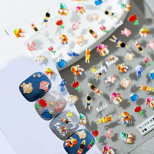 Image of 5D Embossed Summer Nail Stickers Colorful Cartoon Nail Art Decals Fish Crab Nail Stickers for Nail Art Self Adhesive Cute Swimming Design Manicure Supplies Charm for Women DIY Decorations Accessories