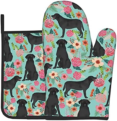 tianls Black Lab Florals Labrador Retriever Floral Kitchen Oven Mitt, Oven Mitts with Quilted Liner, Heat Resistant Pot Holders, Oven Gloves.