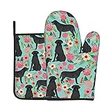 tianls Black Lab Florals Labrador Retriever Floral Kitchen Oven Mitt, Oven Mitts with Quilted Liner, Heat Resistant Pot Holders, Oven Gloves.