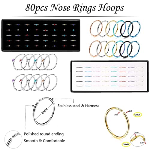 Nose Rings Studs and Hoops, Surgical Stainless Steel Hypoallergenic Nose Rings Set for Women Men, Straight/L/Screw Shaped and 1.5/2.0/2.5mm Rhinestone Nose Piercing Jewelry and Ideal Gift4