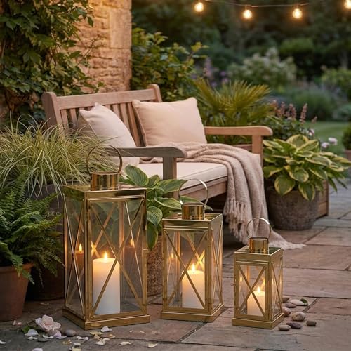 Image of TRIROCKS Gold Stainless Steel Lantern Set of 3-Square Elegance 8 /12 /16 Inch Opulent Metal Candle Lanterns Candle Holder with Tempered Glass for Home Garden Indoor Outdoor Decor Celebratory Everyday