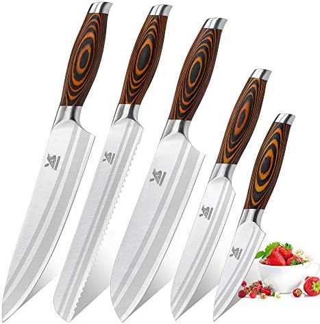 MSY BIGSUNNY Knife Set, 5-Pcs Kitchen Knife Set with 8" Chef Knife Bread Serrated Knife Santoku Utility Paring Knife, German Steel for Chef Knife Set with Pakkawood Handle, Perfect Cutlery Set Gift